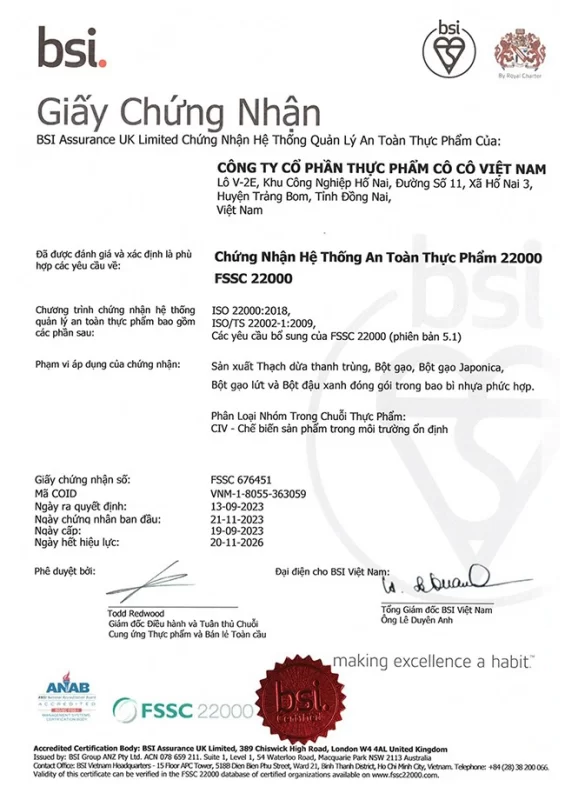 giấy chứng nhận fssc22000 sản phẩm thạch dừa