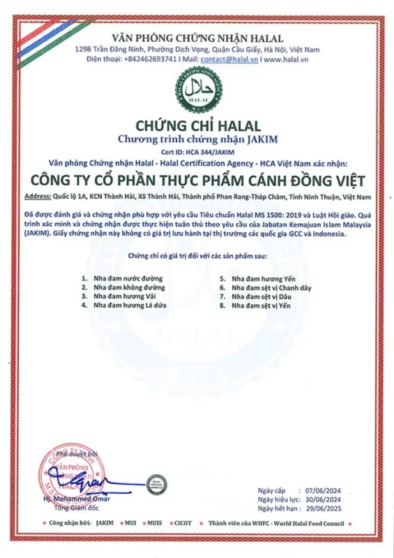 giấy chứng nhận halal sản phẩm nha đam