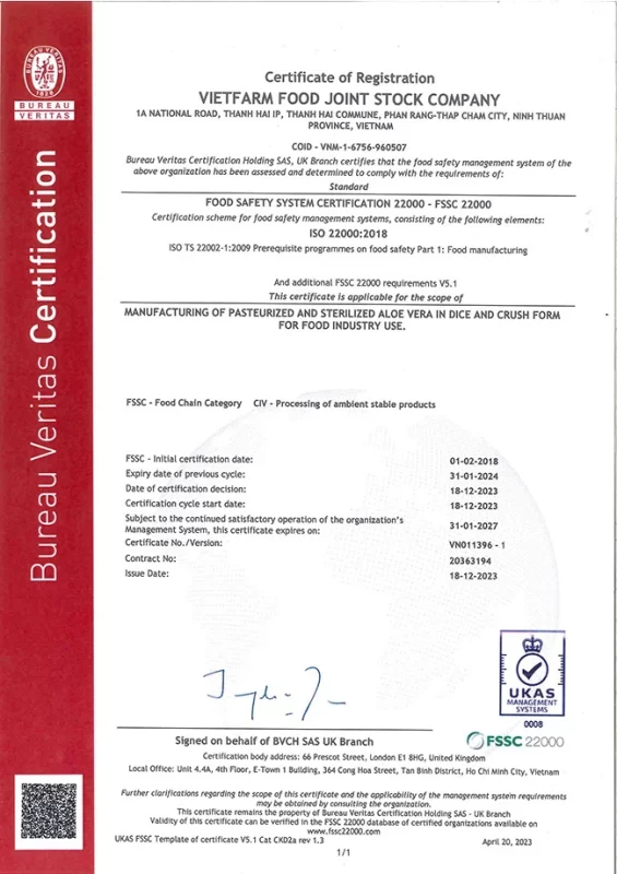 giấy chứng nhận fssc22000 nha đam